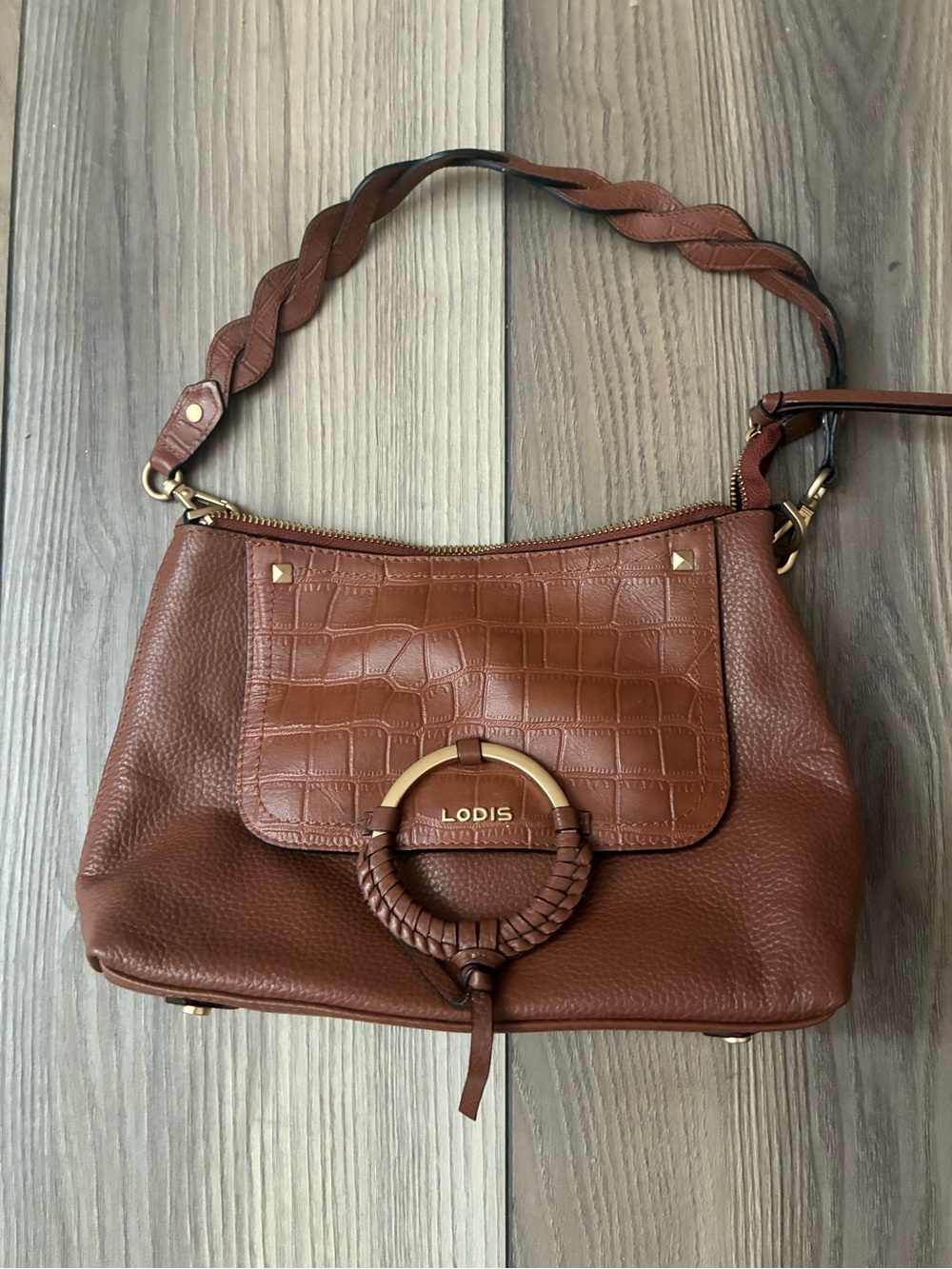 Lodis Cognac Brown Leather Shoulder Bag with Braided Ring Accent